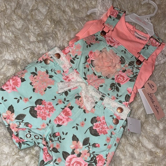 Teal and peach/coral overall 2 pc set - Picture 2 of 3